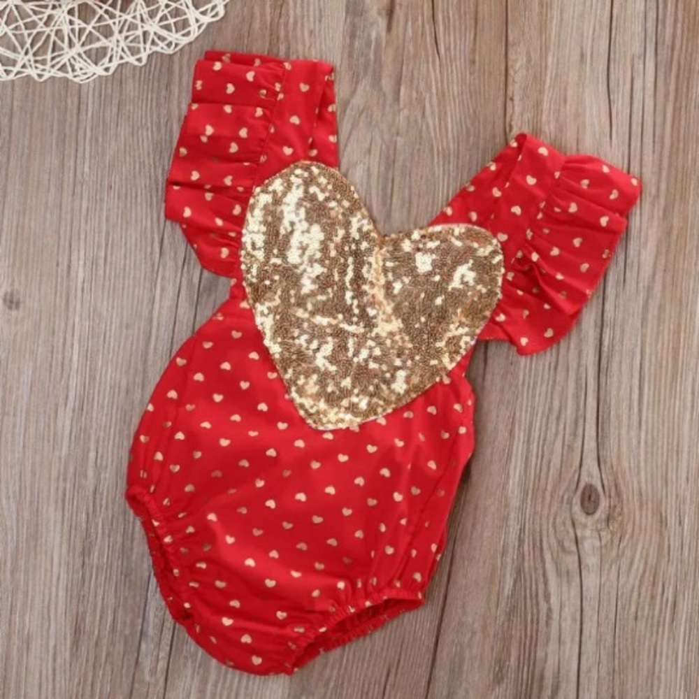 Red gold heart sequenced romper